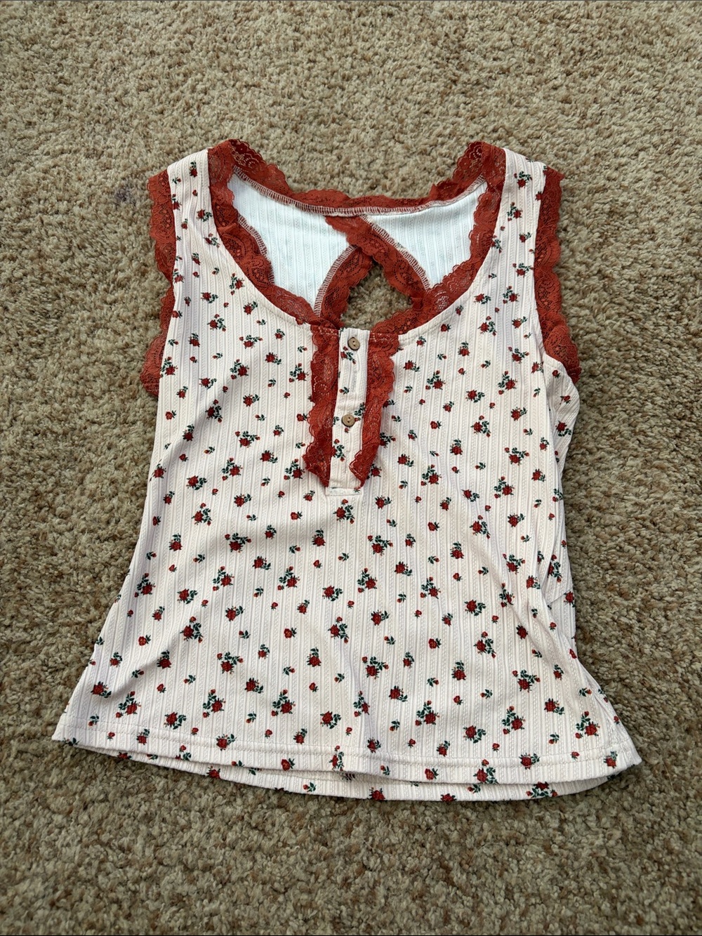Floral Lace-Trim Tank Top - Pink with Rust Lace